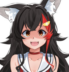 Rule 34 | 1girl, :d, animal ear fluff, animal ears, bare shoulders, black hair, blush, brown eyes, choker, commentary request, daichi (daichi catcat), hair ornament, hairclip, highres, hololive, looking at viewer, multicolored hair, ookami mio, ookami mio (1st costume), open mouth, portrait, red choker, red hair, sailor collar, shaded face, simple background, smile, solo, streaked hair, virtual youtuber, white background, white sailor collar, wolf ears