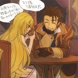 Rule 34 | 1boy, 1girl, alcohol, alvin (tales), blonde hair, blush, brown hair, coat, drink, closed eyes, gloves, lazy rabbit, lowres, milla maxwell, red eyes, scarf, tales of (series), tales of xillia, thighhighs, translation request, whiskey