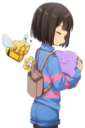 Rule 34 | 1other, :p, androgynous, backpack, bag, black pantyhose, blue shorts, blue sweater, blunt bangs, blunt ends, blush, bob cut, brown bag, brown hair, closed eyes, closed mouth, combee, commentary, cowboy shot, creatures (company), denim, denim shorts, ditto, double horizontal stripe, expressionless, flower, flowey (undertale), flying, frisk (undertale), from behind, from side, game freak, gen 1 pokemon, gen 4 pokemon, highres, holding, holding pokemon, in bag, in container, leftporygon, light blush, long sleeves, nintendo, open mouth, pantyhose, parted lips, personification, pink sweater, pokemon, pokemon (creature), short hair, short shorts, shorts, shouting, simple background, smile, solo, standing, sweater, tongue, tongue out, turning head, turtleneck, turtleneck sweater, two-tone sweater, undertale, white background, yellow flower
