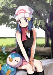 Rule 34 | 1girl, :o, bare arms, bare shoulders, beanie, black footwear, black shirt, blue eyes, blue hair, blush, boots, closed eyes, commentary request, creatures (company), dawn (pokemon), day, feet out of frame, game freak, gen 4 pokemon, hair ornament, hairclip, hat, highres, horizon, lamb (hitsujiniku), long hair, nintendo, outdoors, parted lips, pink skirt, piplup, pokemon, pokemon (creature), pokemon dppt, shirt, sitting, skirt, sleeping, sleeping on person, sleeveless, sleeveless shirt, tree, very long hair, white headwear, zzz