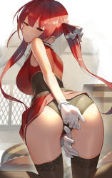 Rule 34 | 1girl, absurdres, ass, bare shoulders, black panties, black thighhighs, blush, breasts, gloves, heterochromia, highres, hololive, houshou marine, large breasts, leotard, leotard under clothes, long hair, looking at viewer, looking back, no eyepatch, panties, red eyes, red hair, red skirt, ribbon, scottie (phantom2), see-through, see-through leotard, skirt, sleeveless, sleeveless jacket, solo, thighhighs, twintails, underwear, virtual youtuber, white gloves, yellow eyes
