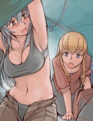 Rule 34 | 00s, 2girls, armpits, blonde hair, breasts, casual, cleavage, embarrassed, large breasts, midriff, multiple girls, navel, aged up, rozen maiden, shinku, silver hair, suigintou, sweat, swimsuit, tank top, tent, tsuda nanafushi, undressing, unzipped