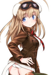 Rule 34 | 1girl, ahoge, animal ears, ass, blue eyes, blush, breasts, brown hair, butt crack, flat ass, goggles, goggles on head, jacket, long hair, looking at viewer, lowres, panties, shimada fumikane, simple background, smile, solo, strike witches, strike witches: katayoku no majo-tachi, tail, underwear, white background, white panties, wilma bishop, world witches series