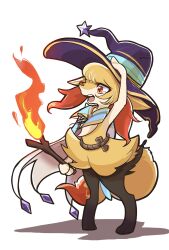 Rule 34 | 1girl, adjusting clothes, adjusting headwear, animal ear fluff, animal ears, animal feet, animal nose, arm at side, black fur, blonde hair, braixen, cape, clothed pokemon, commission, creatures (company), ditto, female focus, fire, flat chest, fox ears, fox girl, fox tail, full body, furry, furry female, game freak, gem, gen 1 pokemon, gen 6 pokemon, hat, highres, holding, holding stick, large hat, looking to the side, multicolored fur, neck fur, nikkado, nintendo, open mouth, pigeon-toed, pokemon, pokemon (creature), purple gemstone, purple headwear, red eyes, rope, short hair, sidelocks, skeb commission, snout, solo focus, standing, star (symbol), stick, tail, tears, teeth, wavy eyes, white cape, white fur, wide-eyed, witch hat, yellow fur