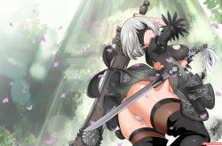 Rule 34 | 1girl, ass, bayeuxman, black dress, black hairband, blindfold, boots, cleft of venus, dress, feather-trimmed sleeves, feather trim, hairband, highleg, highres, juliet sleeves, leather, leather boots, leotard, long sleeves, nier:automata, nier (series), patreon username, puffy sleeves, silver hair, sword, thick thighs, thighhighs, thighhighs under boots, thighs, thong leotard, weapon, 2b (nier:automata)
