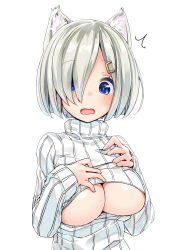 Rule 34 | 10s, 1girl, alternate costume, animal ear fluff, animal ears, blue eyes, blush, breasts, bulbonne, cat ears, cleavage, cleavage cutout, clothing cutout, commentary request, hair ornament, hair over one eye, hairclip, hamakaze (kancolle), hands on own chest, highres, kantai collection, kemonomimi mode, large breasts, looking at viewer, meme attire, open-chest sweater, open mouth, revision, short hair, silver hair, simple background, solo, striped, surprised, sweater, upper body, vertical stripes, white background