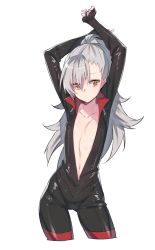Rule 34 | 1girl, arms up, asymmetrical hair, bodysuit, breasts, center opening, closers, contrapposto, cowboy shot, cropped legs, expressionless, facing viewer, grey hair, highres, long hair, navel, orange eyes, ponytail, simple background, small breasts, solo, standing, supernew, tina (closers), white background
