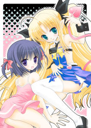Rule 34 | 2girls, :d, :p, ahoge, astarotte ygvar, bare shoulders, blonde hair, bow, bow legwear, clothing cutout, demon tail, detached collar, dress, green eyes, hair bow, heart, heart cutout, long hair, lotte no omocha!, multiple girls, navel cutout, no panties, open mouth, oreiro, panties, pantyshot, pink dress, pointy ears, purple eyes, purple hair, short hair, short twintails, smile, tail, thighhighs, tongue, tongue out, touhara asuha, twintails, underwear, very long hair, white legwear, white panties, wrist cuffs
