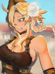 Rule 34 | 17888haya, 1girl, arm up, armpits, bare shoulders, blonde hair, blue eyes, blurry, blurry background, braid, breasts, buckle, check commentary, cleavage, clenched teeth, commentary, commentary request, elbow sleeve, eyelashes, freckles, hair over one eye, highres, hyena (last origin), large breasts, last origin, looking down, mole, mole under eye, sharp teeth, sidelocks, sleeveless, smell, spiked hair, sweat, teeth, thought bubble, twin braids, worried
