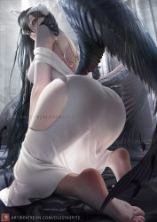 Rule 34 | 1girl, albedo (overlord), ass, bare shoulders, barefoot, black feathers, black hair, black wings, breasts, demon girl, demon horns, dress, feathered wings, feathers, feet, from behind, hair between eyes, hip vent, horns, jewelry, kneeling, large breasts, long hair, looking at viewer, looking back, low horns, low wings, necklace, off-shoulder dress, off shoulder, olesyaspitz, overlord (maruyama), soles, solo, toes, white dress, white horns, wings, yellow eyes