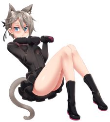 Rule 34 | 10s, 1girl, :&lt;, ange (princess principal), animal ears, blue eyes, boots, braid, cat ears, cat tail, commentary, full body, fur-trimmed sleeves, fur collar, fur trim, gloves, grey hair, hair between eyes, hair ribbon, kemonomimi mode, looking at viewer, paw pose, princess principal, ribbon, short hair, simple background, solo, tail, twrlare, white background