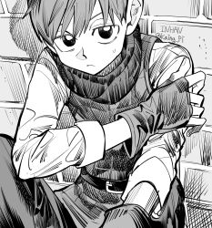 Rule 34 | 1boy, against wall, armor, brick wall, chilchuck tims, closed mouth, dungeon meshi, fingerless gloves, gloves, greyscale, hair between eyes, highres, kaing pi, leather armor, looking at viewer, male focus, monochrome, neck warmer, pants, shirt, solo, sweat, twitter username