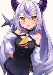 Rule 34 | 1girl, bare shoulders, blush, cowboy shot, demon girl, demon horns, detached sleeves, dress, hair between eyes, hand on own hip, highres, hololive, horns, kawagami raito, la+ darknesss, long hair, looking at viewer, multicolored hair, open mouth, pointy ears, purple hair, side slit, sidelocks, silver hair, solo, streaked hair, tail, very long hair, virtual youtuber, yellow eyes