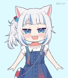 Rule 34 | 1girl, blue eyes, blue hair, chibi, gawr gura, gawr gura (casual), hololive, hololive english, kukie-nyan, looking at viewer, multicolored hair, official alternate costume, open mouth, sharp teeth, smile, solo, streaked hair, teeth, virtual youtuber