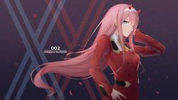 Rule 34 | 10s, 1girl, aqua eyes, bad id, bad pixiv id, character name, copyright name, darling in the franxx, floating hair, hair between eyes, hairband, hand in own hair, hand on own hip, highres, horns, long hair, looking at viewer, necktie, petals, pink hair, scal2let, short necktie, solo, standing, uniform, upper body, very long hair, white hairband, yellow necktie, zero two (darling in the franxx)