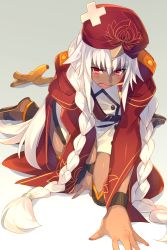 Rule 34 | 1girl, banana, banana peel, blush, braid, buttons, commentary request, dark-skinned female, dark skin, dress, echo (circa), fate/grand order, fate (series), food, fruit, hair between eyes, hair ornament, hat, jacket, kneeling, lakshmibai (fate), long hair, open clothes, open mouth, red eyes, red hat, red jacket, short dress, simple background, solo, twin braids, very long hair, white dress, white hair
