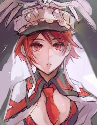Rule 34 | 1girl, bone, bow, bowtie, breasts, cleavage, cleavage cutout, clothing cutout, guilty gear, guilty gear 2, hat, kawabata, lips, looking at viewer, medium breasts, medium hair, red bow, red bowtie, red eyes, red hair, skull, solo, upper body, valentine (guilty gear)