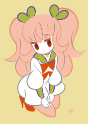 Rule 34 | 1girl, abura hadaka bideo, bow, choker, dress, expressionless, female focus, full body, hair bow, high heels, kneeling, limited palette, long hair, looking at viewer, original, pantyhose, pink hair, puffy sleeves, red eyes, sailor collar, short twintails, simple background, solo, twintails, very long hair, yellow background