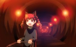 Rule 34 | 1girl, animal ears, bad id, bad pixiv id, braid, cart, cat ears, cat girl, cat tail, female focus, kaenbyou rin, long hair, r (pixiv), red eyes, red hair, ren (733), smile, solo, standing, tail, touhou, tunnel, twin braids, twintails