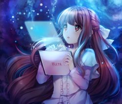 Rule 34 | 1girl, :o, artist name, blue ribbon, brown eyes, brown hair, buttons, character name, drawing tablet, eyebrows, frilled shirt, frills, hair ribbon, half updo, hands up, highres, holding, hologram, holographic monitor, layered sleeves, light particles, long hair, long sleeves, matching hair/eyes, open mouth, pink shirt, ribbon, rin (shelter), sad, sasucchi95, shelter (song), shirt, short over long sleeves, short sleeves, sky, solo, star (sky), starry sky, tearing up, tears, undershirt