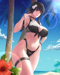 Rule 34 | 1girl, absurdres, bare shoulders, beach, bikini, black bikini, black hair, blue sky, blush, bracelet, breasts, character request, choker, cleavage, cloud, copyright request, covered erect nipples, cowboy shot, damegane, day, flower, folded ponytail, front-tie bikini top, front-tie top, hair flower, hair ornament, hand in own hair, hand on own hip, highleg, highleg bikini, highres, hime cut, jewelry, large breasts, lens flare, lidia (damegane), lips, long hair, looking at viewer, navel, necklace, outdoors, palm tree, parted lips, sand, sky, solo, swimsuit, thigh strap, thong bikini, tree, water, wide hips