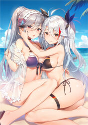 Rule 34 | 2girls, :q, ahoge, ass, azur lane, bare shoulders, barefoot, beach, bikini, black bikini, black choker, black hair, black ribbon, blue sky, blush, breast press, breasts, brown eyes, butterfly hair ornament, choker, cleavage, cloud, cloudy sky, collarbone, day, dunkerque (azur lane), dunkerque (summer sucre) (azur lane), flag print, flip-flops, flower, front-tie top, german flag bikini, gradient hair, grey hair, hair between eyes, hair ornament, hair ribbon, hairband, highres, long hair, looking at viewer, medium breasts, multicolored hair, multiple girls, navel, ocean, off shoulder, official alternate costume, open mouth, outdoors, palm tree, ponytail, prinz eugen (azur lane), prinz eugen (unfading smile) (azur lane), purple bikini, red eyes, red hair, ribbon, sandals, see-through, shiny skin, shore, side-tie bikini bottom, sideboob, sidelocks, sitting, sky, smile, stomach, streaked hair, swimsuit, thigh strap, thighs, tongue, tongue out, tree, two side up, underboob, very long hair, water, white hair, yuuki hagure