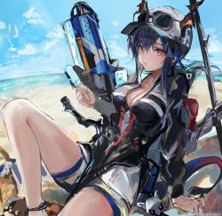 Rule 34 | 1girl, arknights, arm support, baseball cap, beach, black jacket, blue sky, blush, breasts, ch&#039;en (arknights), ch&#039;en the holungday (arknights), cleavage, collarbone, day, dragon girl, dragon horns, dragon tail, feet out of frame, gun, hat, horns, horns through headwear, jacket, knees up, large breasts, leaning back, long hair, long sleeves, looking at viewer, miniskirt, ocean, outdoors, parted lips, purple hair, red eyes, sankichi (croquette crab), sitting, skirt, sky, solo, sunglasses, tail, thigh strap, water gun, weapon, white hat, white skirt