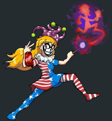 Rule 34 | 1girl, american flag dress, american flag legwear, black background, blonde hair, clownpiece, collar, facepaint, faygo, full body, grin, hat, highres, holding, insane clown posse, jester cap, looking at viewer, magic, pantyhose, red eyes, short sleeves, silhouette, simple background, smile, solo, torch, touhou, triple-q, v