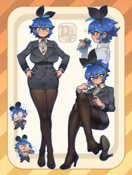 Rule 34 | 1girl, ahoge, artist logo, black footwear, black hairband, black nails, blue gloves, blue hair, breasts, brown pantyhose, can, chibi, closed mouth, collared shirt, commentary, cropped torso, crossed legs, dif (difman), difman, english commentary, extreme dangling, eyelashes, feet, formal, from side, full body, gloves, hair between eyes, hairband, hands on own hips, high heels, highres, holding, invisible chair, large breasts, legs, looking at viewer, miniskirt, mole, mole under eye, multicolored hair, multiple views, nail polish, no shoes, office lady, orange eyes, original, pantyhose, shadow, shirt, short hair, sitting, skirt, standing, streaked hair, thighs, toe cleavage, toes, white shirt