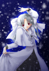 Rule 34 | 00s, 1girl, dress, half updo, melty blood, red eyes, silver hair, snow, solo, tsukihime, type-moon, white len (tsukihime)