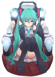 Rule 34 | 1girl, aqua eyes, aqua hair, boots, detached sleeves, female focus, full body, hatsune miku, headphones, hibimegane, highres, long hair, necktie, panties, sitting, skirt, smile, solo, striped clothes, striped panties, thigh boots, thighhighs, twintails, underwear, very long hair, vocaloid