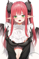 Rule 34 | 1girl, absurdres, black shirt, black wings, blunt bangs, blush, breasts, brown wings, commentary request, crop top, demon girl, demon horns, demon tail, demon wings, fangs, green eyes, highres, horns, kitagawa marin, large breasts, layered sleeves, long hair, long sleeves, looking at viewer, medium breasts, navel, neck ribbon, open mouth, pointy ears, puffy short sleeves, puffy sleeves, red hair, ribbon, rizu-kyun, shirt, short over long sleeves, short sleeves, sidelocks, simple background, solo, sono bisque doll wa koi wo suru, sugar (dndi888), tail, two side up, upper body, very long hair, white background, white ribbon, wings