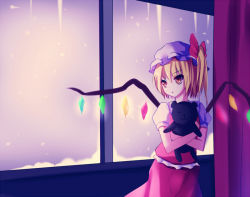 Rule 34 | 1girl, blonde hair, bow, hugging doll, flandre scarlet, hat, hat bow, icicle, meng xiao jiong, mob cap, hugging object, puffy short sleeves, puffy sleeves, red eyes, shirt, short sleeves, side ponytail, skirt, skirt set, snowing, solo, stuffed animal, stuffed toy, teddy bear, touhou, vest, window, wings