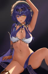 Rule 34 | 1girl, absurdres, arm support, arm up, armpits, bare arms, black background, black hairband, blue eyes, blue hair, blunt bangs, breasts, candace (genshin impact), dark-skinned female, dark skin, eye of horus, genshin impact, groin, hairband, heterochromia, highres, long hair, looking at viewer, low twintails, meginalter, navel, no panties, pelvic curtain, signature, solo, spread legs, stomach, thighs, twintails, yellow eyes