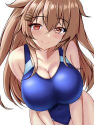 Rule 34 | 1girl, black ribbon, blue one-piece swimsuit, blush, breasts, brown eyes, competition swimsuit, covered navel, cowboy shot, dated, hair between eyes, hair flaps, hair ornament, hairclip, heterochromia, highleg, highleg swimsuit, highres, kantai collection, large breasts, light brown hair, long hair, looking at viewer, montemasa, murasame (kancolle), murasame kai ni (kancolle), one-piece swimsuit, red eyes, ribbon, simple background, smile, solo, swimsuit, twitter username, two-tone swimsuit, two side up