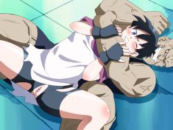 Rule 34 | 1girl, bald, black hair, blue eyes, blush, censored, clenched teeth, dragon ball, dragonball z, erodon hearts, fighting, fingerless gloves, gloves, highres, imminent rape, no panties, pussy, red eyes, restrained, shirt, short hair, smile, spread legs, teeth, thighhighs, torn clothes, videl, wink