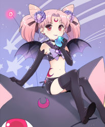 Rule 34 | 1990s (style), 1girl, alternate eye color, apple, bat wings, bishoujo senshi sailor moon, bishoujo senshi sailor moon r, black gloves, black thighhighs, boots, brooch, chibi usa, child, cone hair bun, corruption, crescent, crescent facial mark, elbow gloves, facial mark, food, forehead mark, fruit, gloves, hair bun, hair ornament, heart, heart brooch, jewelry, nardack, navel, pink hair, red eyes, retro artstyle, sitting, solo, thigh boots, thighhighs, wings