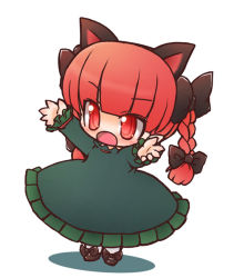 Rule 34 | 1girl, animal ears, arms up, braid, cat ears, cat girl, chibi, dress, female focus, full body, hair ribbon, kaenbyou rin, onmitsu doushin a, red eyes, red hair, ribbon, simple background, solo, touhou, twin braids, twintails, white background