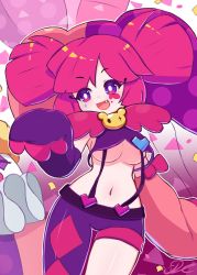 Rule 34 | 1girl, blush, breasts, bright pupils, buro (muse dash), cleavage, detached sleeves, fang, gloves, hat, highres, j2l, long hair, long sleeves, muse dash, open mouth, pink hair, shirt, sidelocks, signature, skirt, smile, solo, twintails, underboob