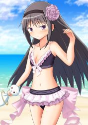 Rule 34 | 1girl, absurdres, akemi homura, akemi homura (swimsuit ver.), back bow, bare arms, bare shoulders, beach, bikini, bikini skirt, black hair, black hairband, blurry, blush, bow, breasts, cloud, cloudy sky, collarbone, commentary request, cowboy shot, day, depth of field, flower, frilled bikini, frills, frown, hair flower, hair ornament, hairband, hand up, highres, holding, horizon, jewelry, kyubey, long hair, looking at viewer, looking to the side, magia record: mahou shoujo madoka magica gaiden, mahou shoujo madoka magica, midriff, necklace, ocean, outdoors, pink bow, pink skirt, purple eyes, purple flower, shore, sidelocks, silverlining, skirt, sky, small breasts, swimsuit
