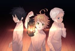 Rule 34 | 1girl, 2boys, ahoge, black hair, blonde hair, blouse, child, collared shirt, dress shirt, emma (yakusoku no neverland), from above, green eyes, holding, indoors, lantern, long sleeves, looking at viewer, multiple boys, neck tattoo, norman (yakusoku no neverland), number tattoo, open mouth, pants, ra0ra3, ray (yakusoku no neverland), shirt, short hair, silver hair, standing, tattoo, white pants, white shirt, wing collar, wooden floor, yakusoku no neverland