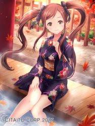 Rule 34 | 1girl, autumn leaves, bad id, bad pixiv id, brown eyes, brown hair, fence, floral print, hand up, highres, ilog, japanese clothes, kimono, lunacle, official art, sitting, smile, soaking feet, solo, watermark, wooden fence