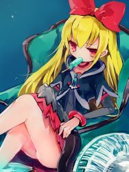 Rule 34 | 1girl, bad id, bad pixiv id, bare legs, blonde hair, chair, dokidoki! precure, eating, electric fan, food, kd mike, long hair, mouth hold, popsicle, precure, red eyes, red ribbon, regina (dokidoki! precure), ribbon, sitting, solo