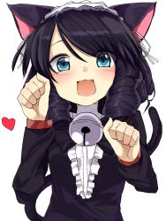 Rule 34 | 10s, 1girl, animal ears, aqua eyes, bell, neck bell, black dress, black hair, cat ears, cat tail, claw pose, collar, cyan (show by rock!!), dress, drill hair, eyes visible through hair, fang, hairband, heart, highres, lolita fashion, lolita hairband, long sleeves, looking at viewer, open mouth, paw pose, show by rock!!, smile, solo, tail, upper body, yamato (muchuu paradigm)