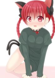 Rule 34 | 1girl, all fours, animal ears, bad id, bad pixiv id, blush, bow, braid, breasts squeezed together, breasts, cat ears, cat tail, chimunge, dress, green dress, hair bow, kaenbyou rin, looking at viewer, multiple tails, nekomata, open mouth, red eyes, red hair, solo, tail, touhou, twin braids, v arms
