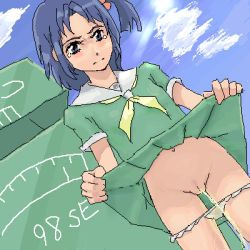 Rule 34 | 1girl, 98se-tan, artist request, blue eyes, blue hair, blue sky, blush, character name, clothes lift, cloud, cloudy sky, day, dutch angle, frown, groin, letter, lowres, matching hair/eyes, neckerchief, os-tan, panties, panty pull, pee, peeing, pussy, school uniform, short hair, short sleeves, side ponytail, skirt, skirt lift, sky, solo, stained panties, standing, tears, thighs, uncensored, underwear