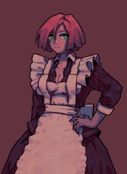 Rule 34 | 1girl, alternate breast size, alternate costume, apron, breasts, cleavage, danboii, dark-skinned female, dark skin, enmaided, giovanna (guilty gear), green eyes, guilty gear, guilty gear strive, hand on own hip, highres, looking at viewer, maid, maid apron, red hair, short hair, small breasts, solo, unbuttoned, unbuttoned shirt