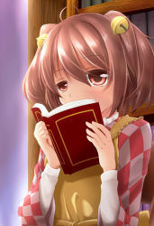 Rule 34 | 1girl, ahoge, apron, bad id, bad pixiv id, bell, blush, book, bookshelf, brown hair, evandragon, hair bell, hair ornament, highres, japanese clothes, kimono, looking at viewer, motoori kosuzu, open book, peeking out, reading, red eyes, short hair, sitting, solo, touhou, two side up