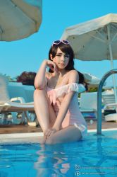 Rule 34 | 1girl, absurdres, bare shoulders, breasts, brown eyes, brown hair, cleavage, cosplay, cosplay photo, d.va (overwatch), d.va (overwatch) (cosplay), day, female focus, frilled swimsuit, frills, highres, huge filesize, jewelry, long hair, looking at viewer, medium breasts, necklace, one-piece swimsuit, one-piece tan, overwatch, overwatch 1, photo (medium), pool, poolside, sitting, solo, sunglasses, swimsuit, tan, tanline, yoshinobi cos