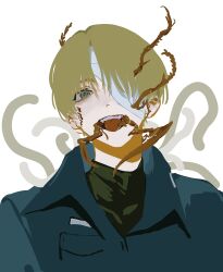Rule 34 | 1boy, arthropod limbs, bandage over one eye, black shirt, blue eyes, blue jacket, collared jacket, highres, jacket, limbus company, long sleeves, looking at viewer, male focus, military uniform, moth ram, open mouth, project moon, shirt, simple background, smile, solo, tentacles, tomah (project moon), uniform, white background